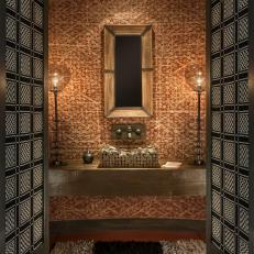 Powder Room Features Bark Wallcovering, Unusual Sink