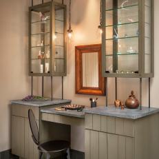 Makeup Vanity Features Soapstone Counter, Glass Display Cabinets