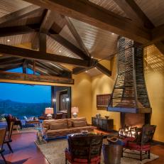 Living Room Features Dramatic Rebar Fireplace, Stunning Outdoor Views