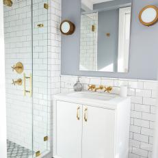 Gray and White Master Bathroom With Patterned Floor