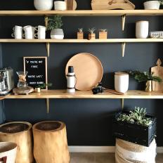 Open Shelving Coffee Bar in Midcentury Modern Living Room
