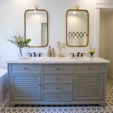 Gray and White Master Bathroom With Shutter Vanity