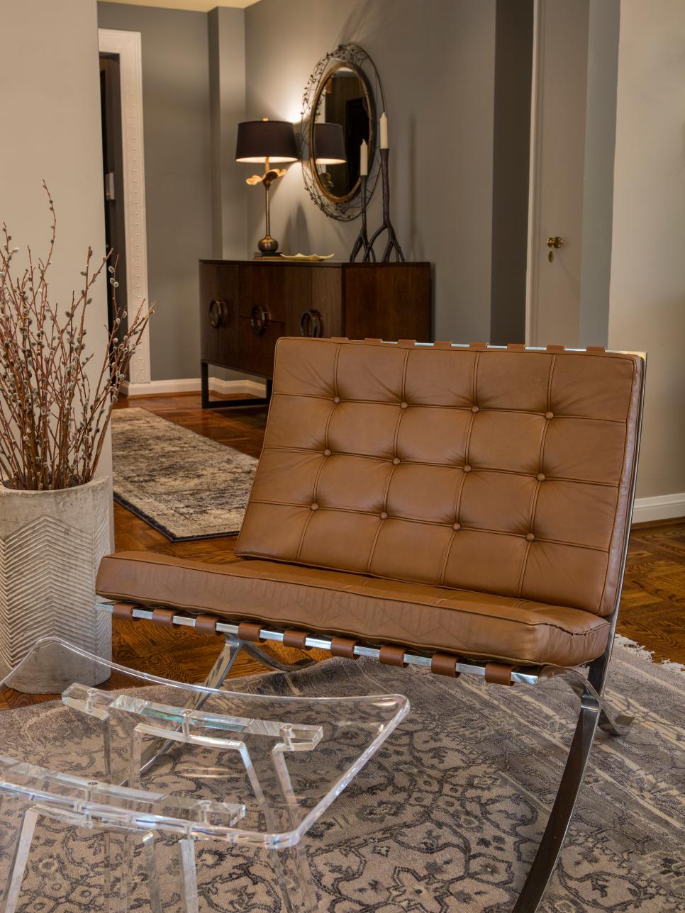 Barcelona Chair and Lucite Footstool in Traditional Room | HGTV