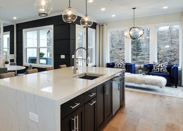 Contemporary White and Black Kitchen with Sitting Room, Breakfast Nook