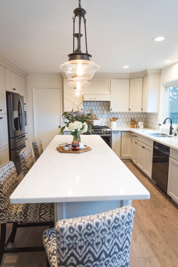 White Chef Kitchen With Large Island | HGTV