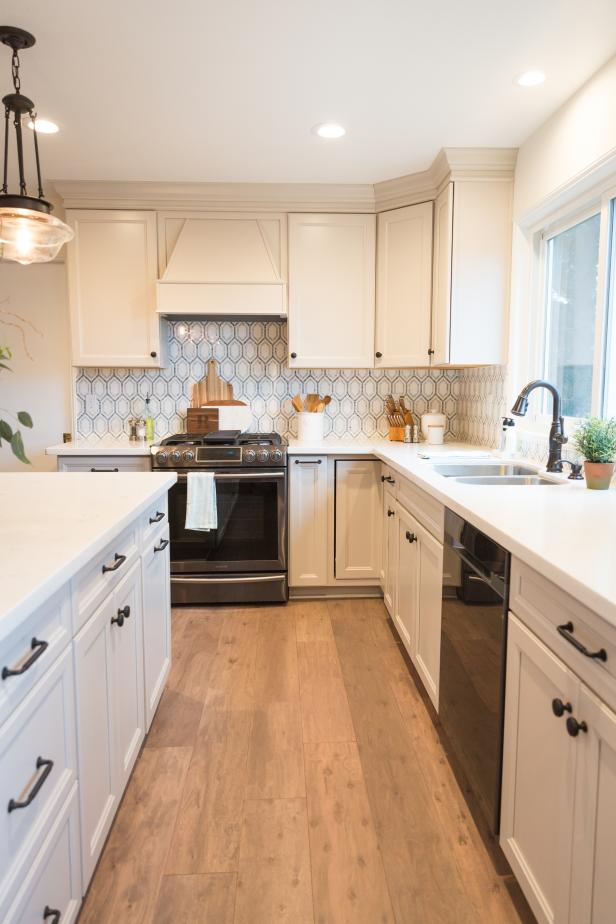 White Chef Kitchen With Patterned Gray Backsplash | HGTV