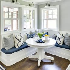 Gray Walls Surround This Elegant Blue and White Breakfast Nook 