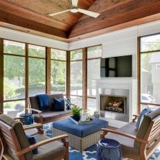 Casual, Sophisticated Enclosed Outdoor Living Room with Vaulted, Shiplap Ceiling