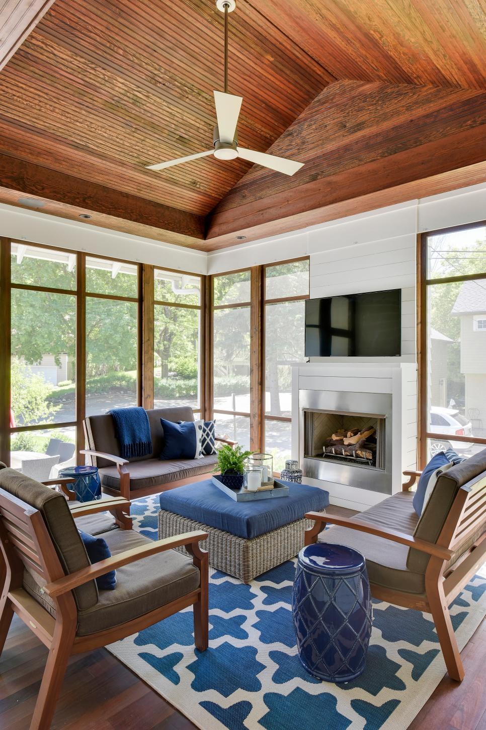 Casual, Sophisticated Enclosed Outdoor Living Room with Vaulted