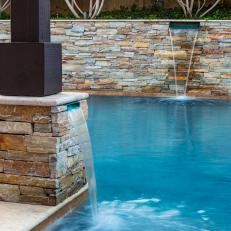 Backyard Includes Modern Fountains, Stone Accents