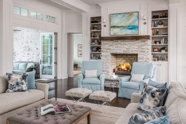 White And Blue Traditional Living Room With Stone Fireplace Hgtv