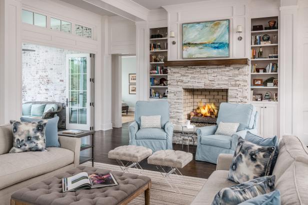 Blue Living Room With Stone Fireplace