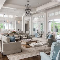 Blue and White Transitional Great Room With French Doors