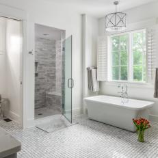 White Master Bathroom With Tulips