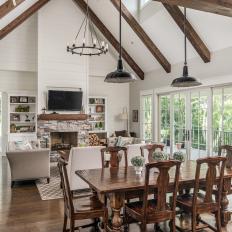 Rustic White and Brown Great Room With Vaulted Ceiling