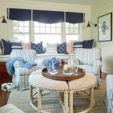 Blue and White Coastal Sitting Room With Window Seat