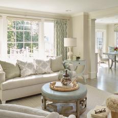 Blue and White Cottage Living Room With Gold Tray