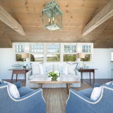 Coastal Sitting Room With Wood Ceiling