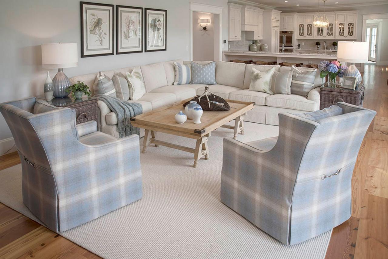 Coastal Living Room With Plaid Chairs Hgtv