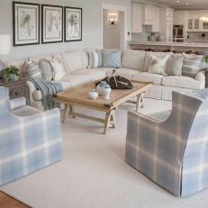 Coastal Living Room With Plaid Chairs