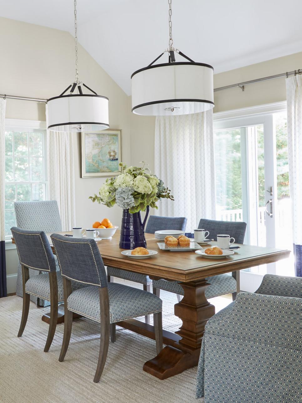 Transitional Dining Room With Blue, Transitional Dining Room Table And Chairs