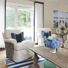 Coastal Blue and White Sitting Area With Hydrangeas