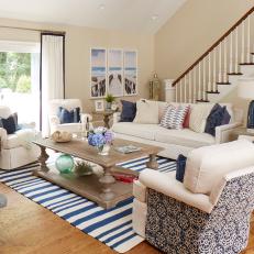 Blue and White Coastal Living Room With Striped Rug