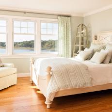 Green Coastal Bedroom With Wood Floor