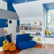 Blue Contemporary Kid's Room With Guitars