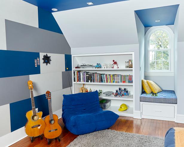 Blue Contemporary Kid's Room With Guitars | HGTV