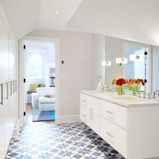 White Double Vanity Bathroom With Geometric Floor