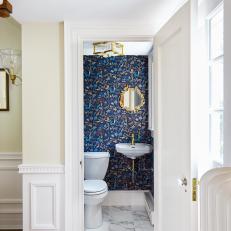 Blue Contemporary Powder Room With Wallpaper