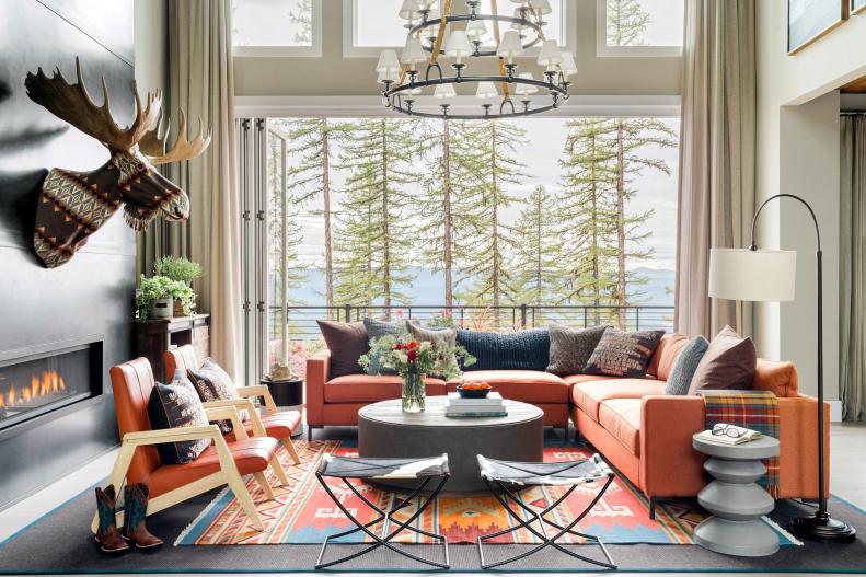 Orange Rustic Great Room With View