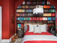Red Guest Bedroom With Bookshelf