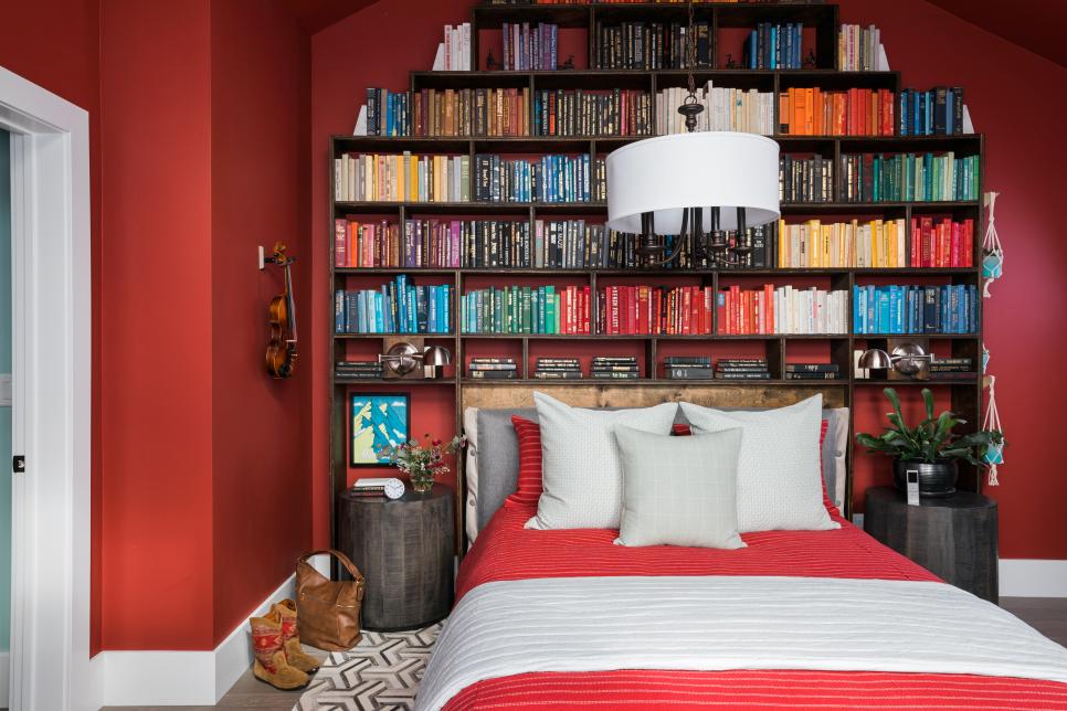 Red Guest Bedroom With Bookshelf