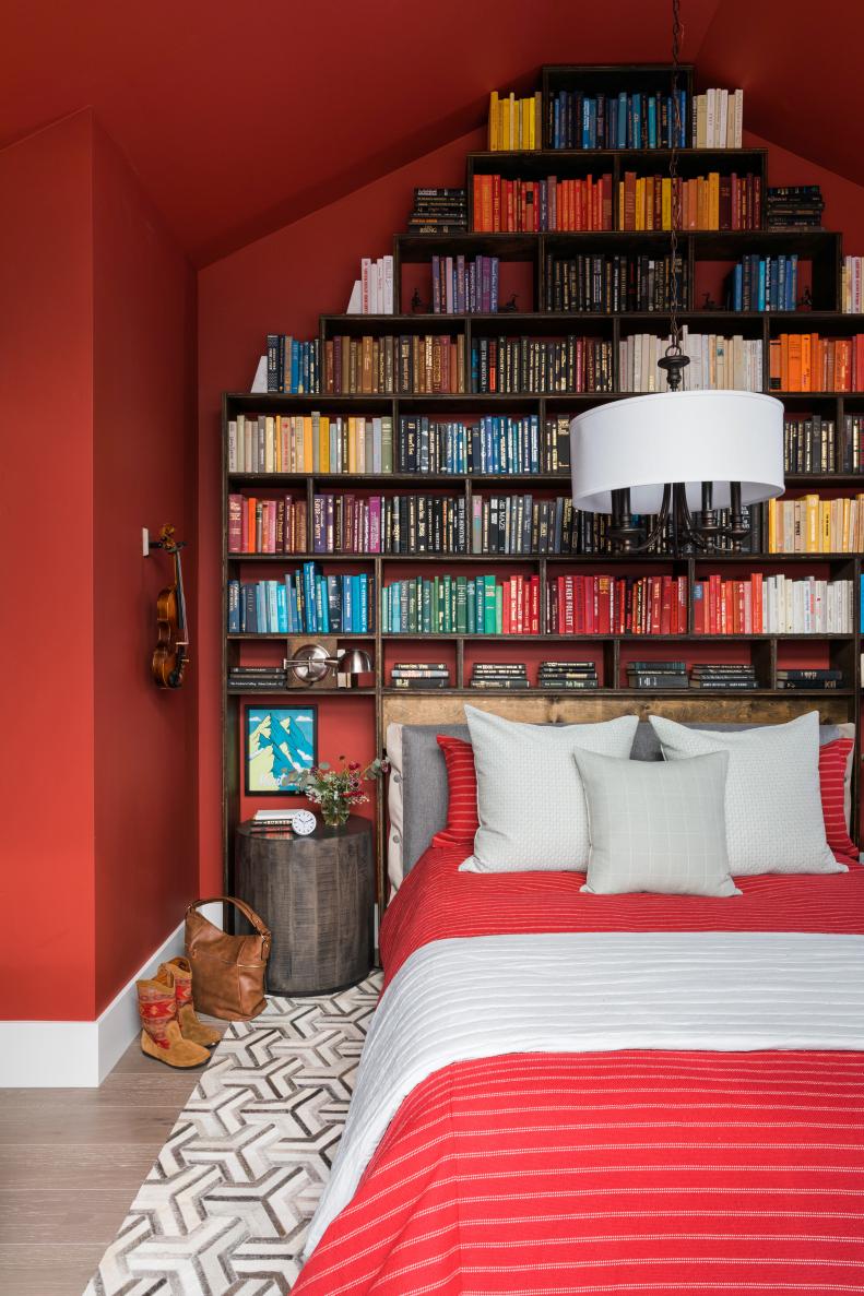 Red Bedroom With Rainbow Books