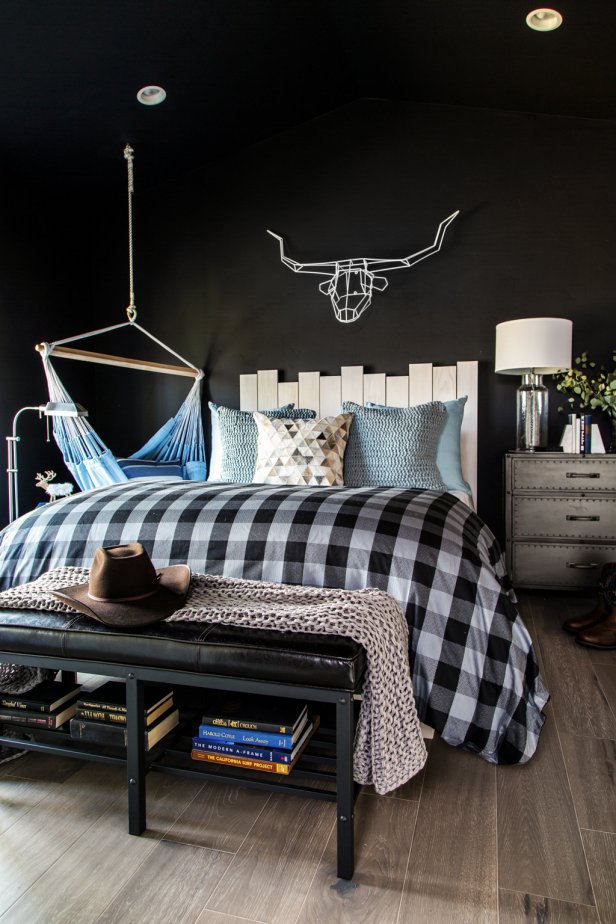 Black and White Bedroom With Cowboy Hat