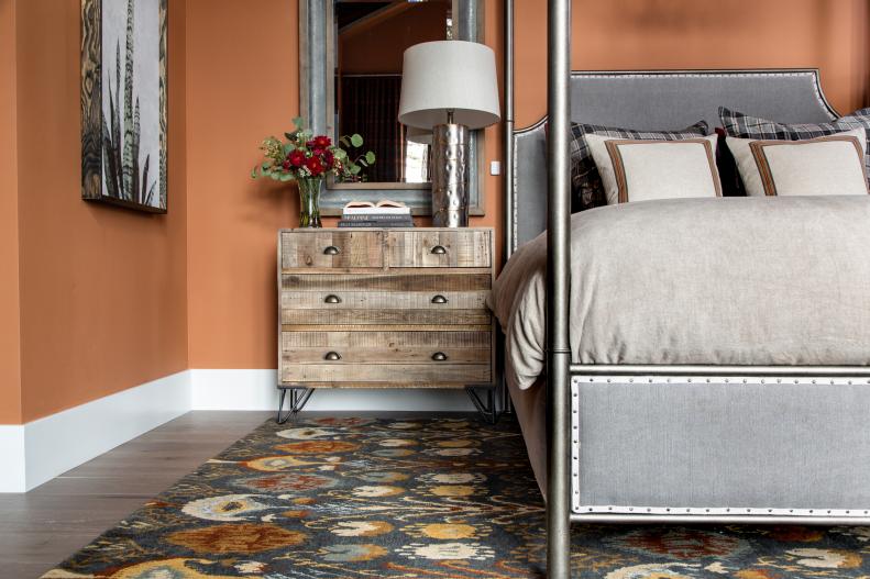 Rustic Wood Nightstand Provides Welcome Contrast to Iron Canopy Bed