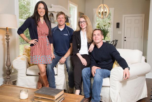 Portrait of Fixer Upper Hosts Chip and Joanna Gaines with clients Kelly and Clint Harp in their new living room, as seen on HGTV's Fixer Upper.  (portrait)