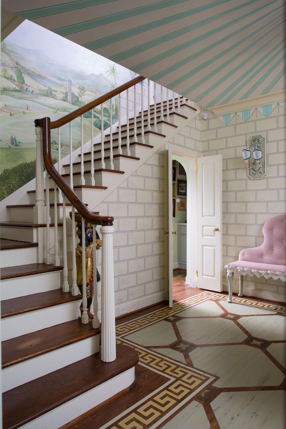Whimsical Stairwell and Foyer with Painted Walls and Ceiling | HGTV