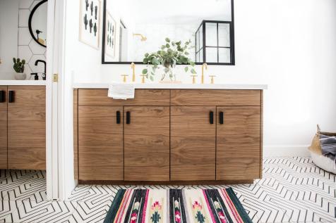 There's No Shortage Of Fun In This Tropical Modern Delray Oasis bathroom  with green tile shower, black iron frames and white sink on wood vanity -  Luxe Interiors + Design