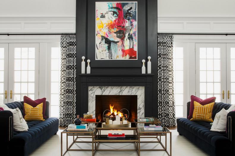 Living Room With Black Fireplace