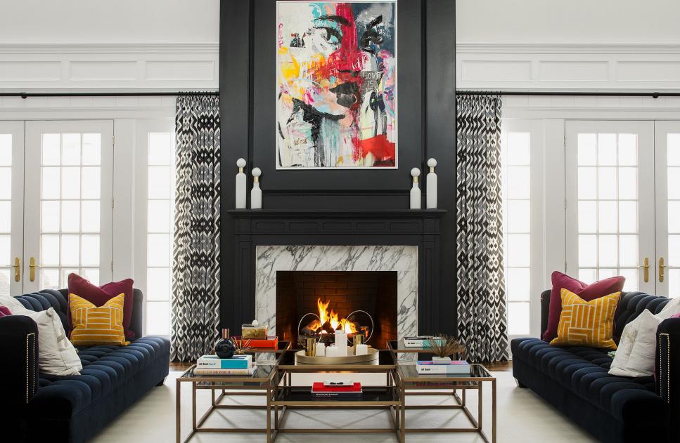 Contemporary Living Room With Black Fireplace