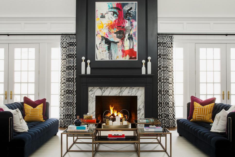 Living Room With Black Fireplace
