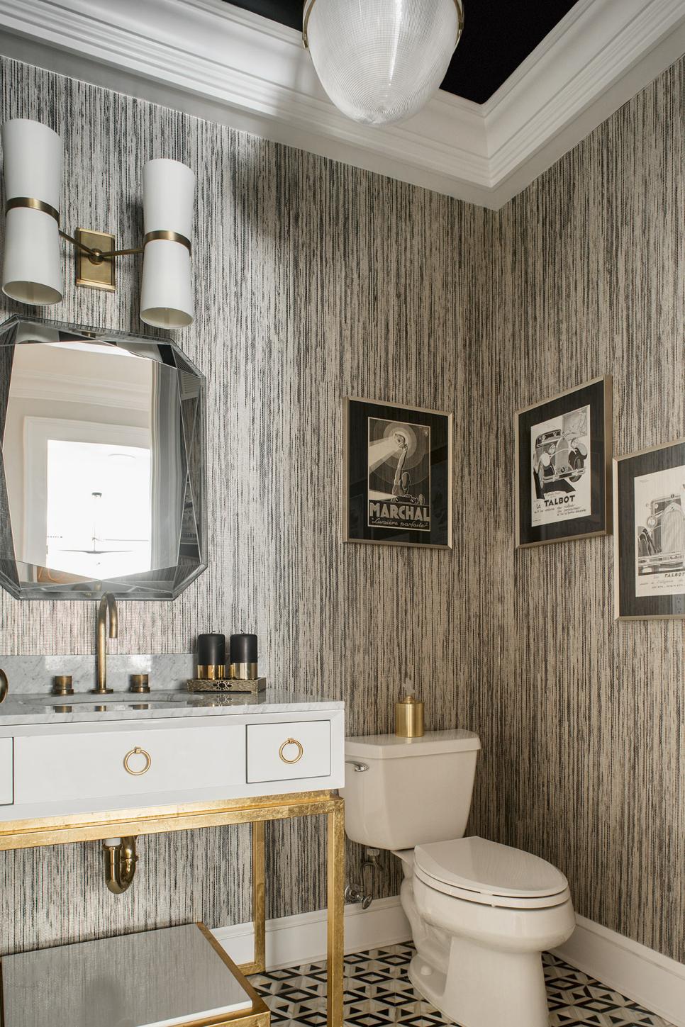 Black and White Art Deco Powder Room With Striped Wallpaper | HGTV