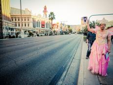 As seen on Brother vs. Brother, Drew Scott accepts his dare as the looser of the first round of competition while walking the Las Vegas strip in a fairy princess dress.