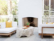 Patio and White Brick Fireplace