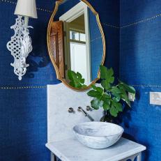 Blue Powder Room With Wallpaper