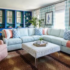 Blue Eclectic Living Room With Pink Chair