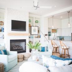 White Coastal Living Room and Kitchen